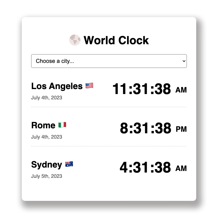 World Clock App designed, developed, and deployed by Front-End Developer, Chelsea Koenig