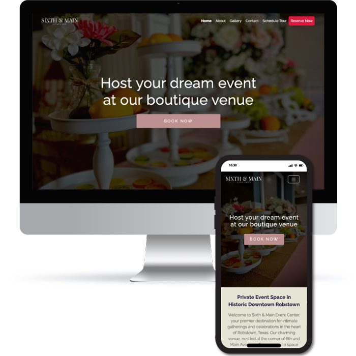Business website for Sixth & Main Event Center designed, developed, and deployed by Front-End Developer, Chelsea Koenig